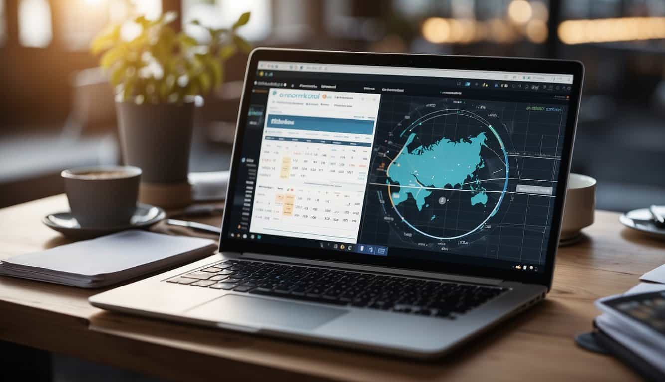 A laptop with a variety of content creation tools open, surrounded by charts, graphs, and a calendar, with a sleek and modern design