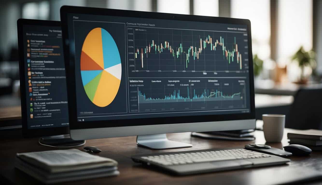 A computer screen displaying data visualizations and graphs, surrounded by books on web analytics and optimization techniques