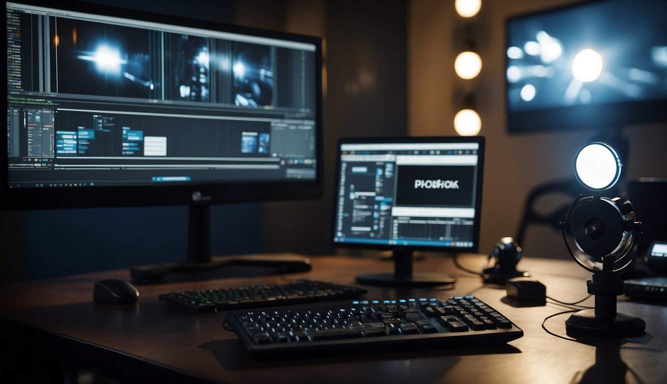 A computer with video editing software open, surrounded by a camera, microphone, and lighting equipment. An animated logo and video clips displayed on the screen