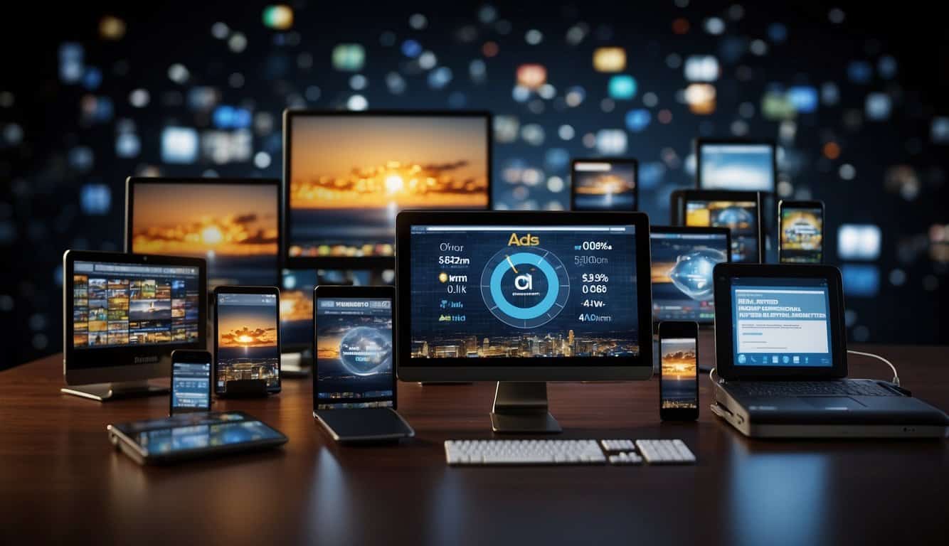 Various digital devices displaying targeted ads to potential customers, while a conversion tracking pixel monitors user behavior