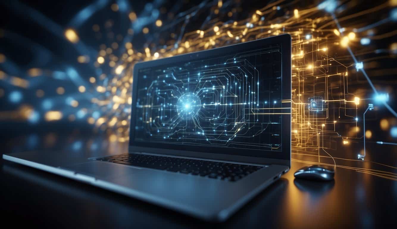 Data flows through digital pipelines, converging into a central hub. Algorithms process and analyze the information, generating predictive insights for marketing strategies