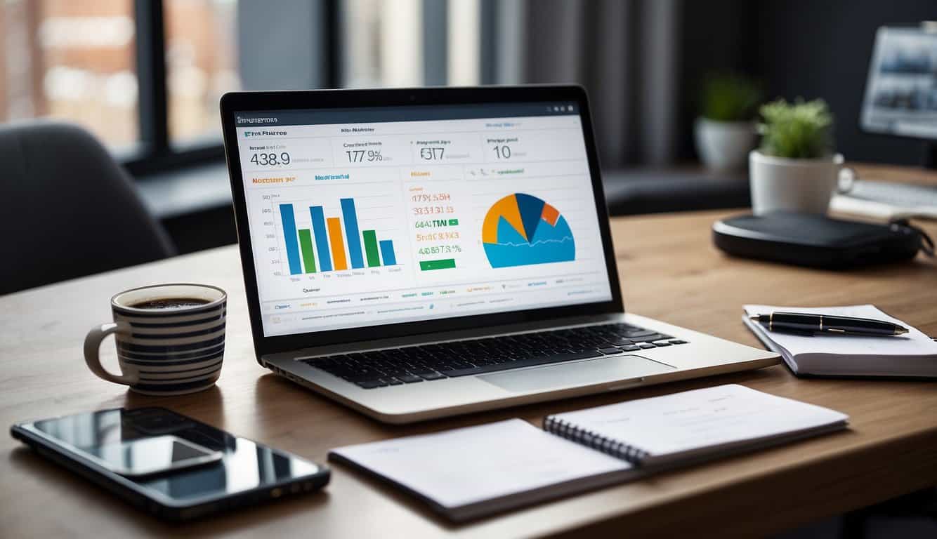 A computer screen displaying PPC reporting data with charts and graphs, a desk with a notepad and pen, and a phone with notifications
