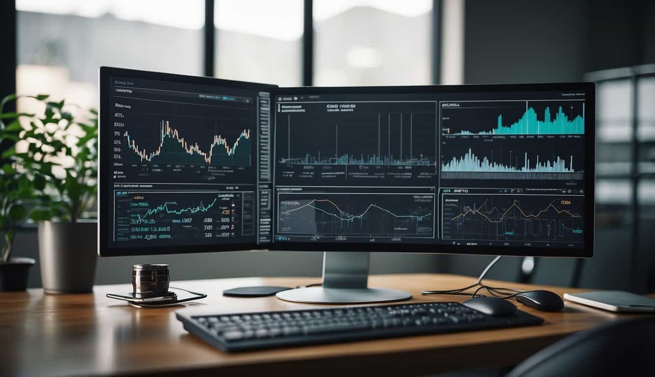 A computer screen displaying various SEM tools and platforms with charts and graphs showing performance metrics