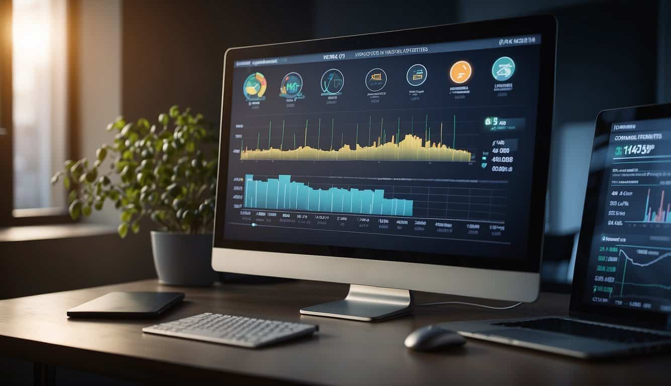 A computer screen displaying various graphs and charts, with a mouse hovering over a button labeled "Advanced Features" in a web analytics tool
