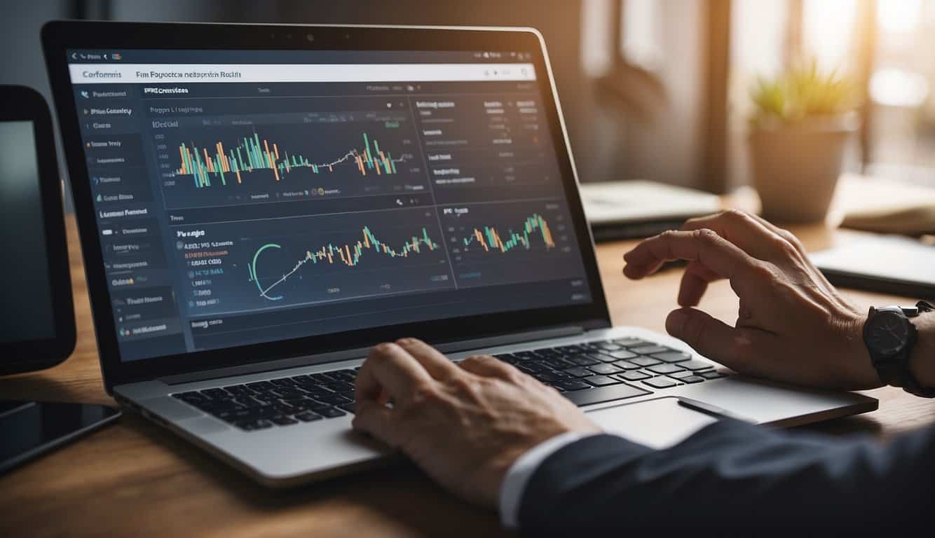A hand reaches for a variety of PPC tools, including keyword research, ad management, and analytics software, laid out on a desk