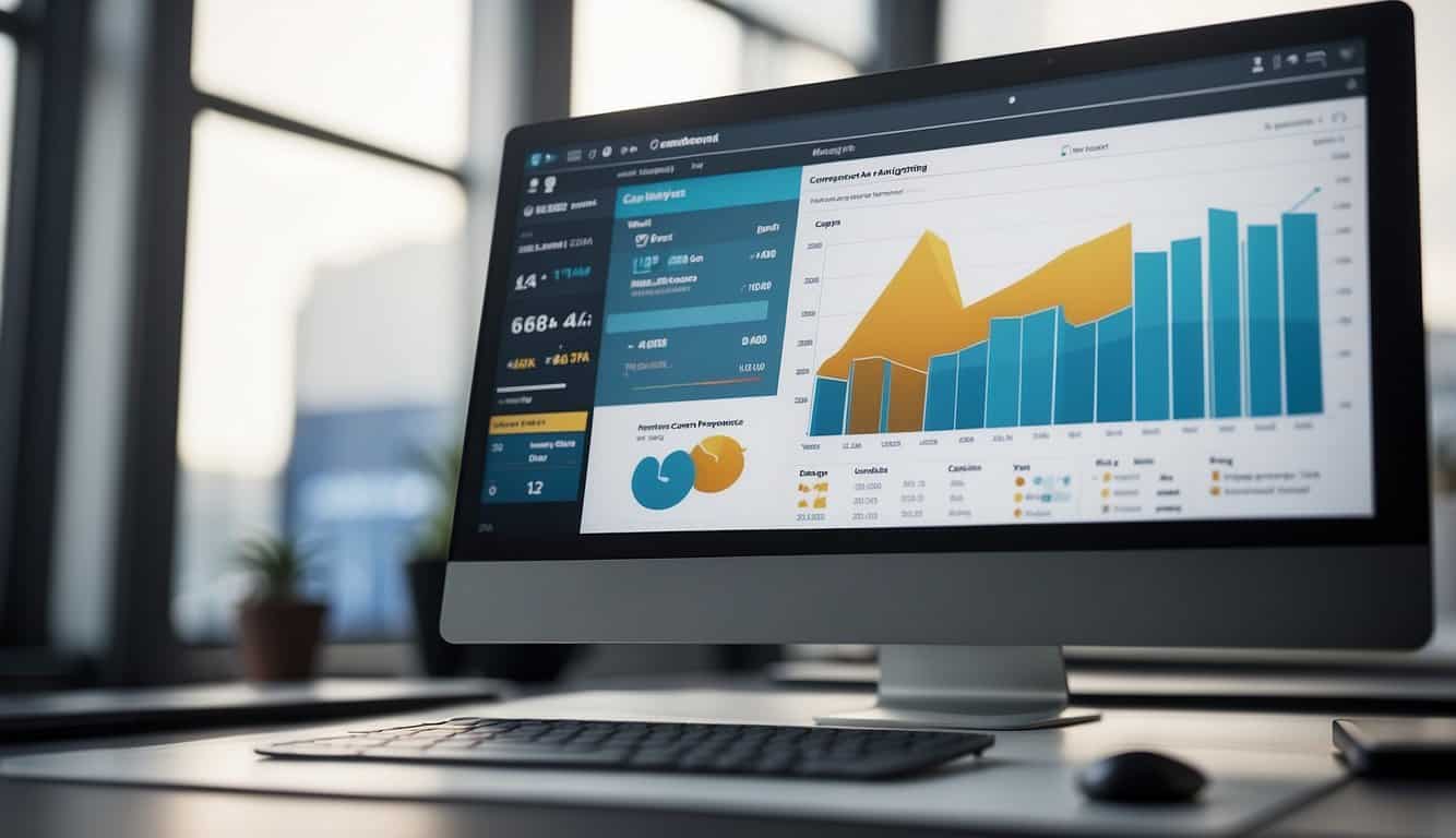 A computer screen shows a dashboard with graphs and data. A mouse hovers over the "Maximizing Campaign Performance" button in a PPC management software