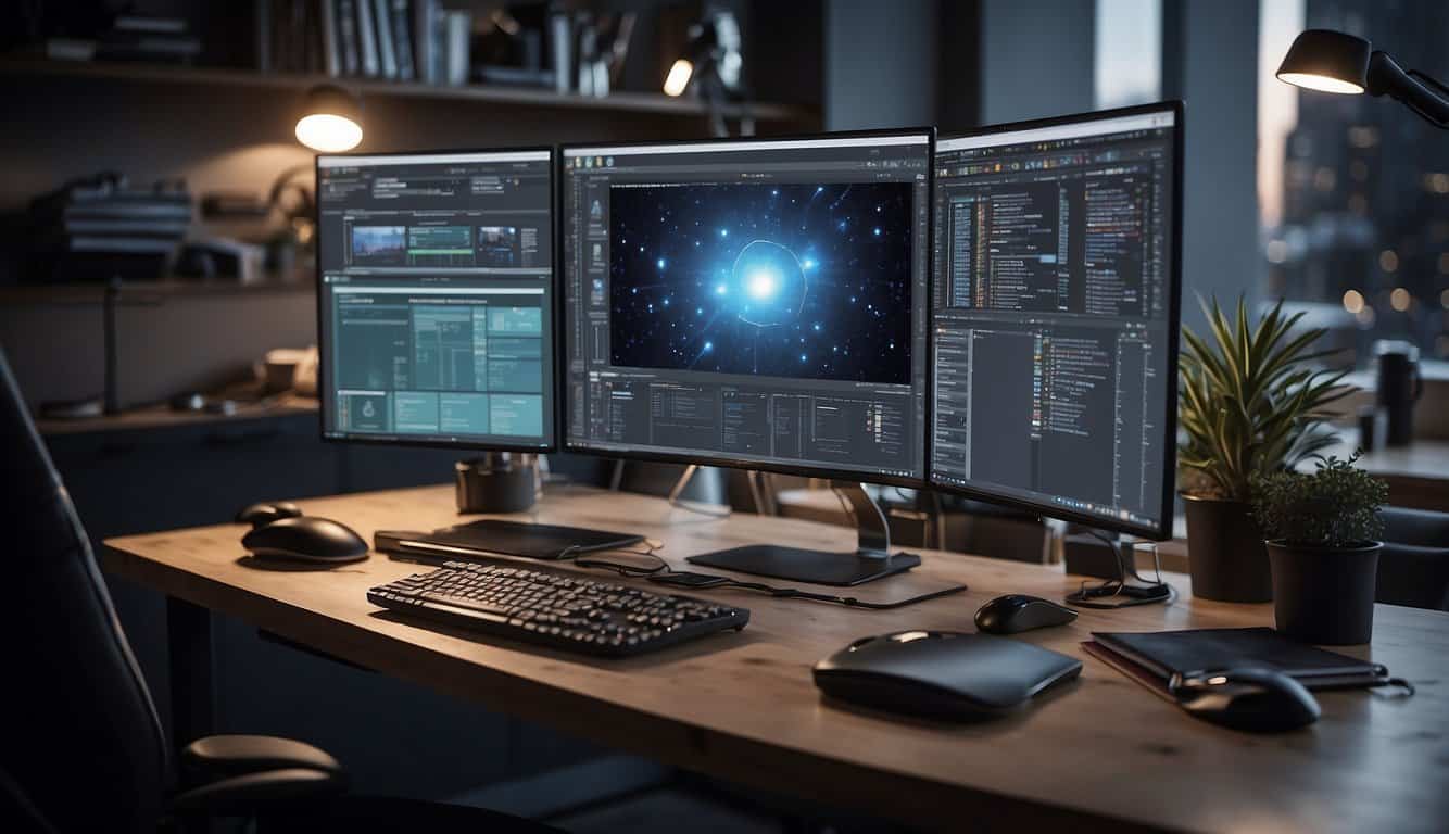 A computer with graphic design software open, surrounded by marketing materials and tools