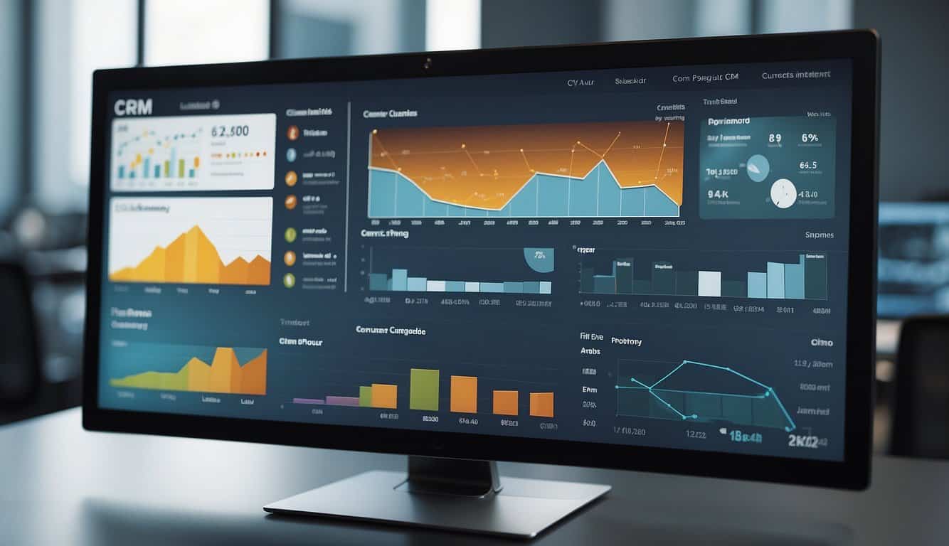 A computer screen displaying a CRM dashboard with various customer data and interaction records. Graphs and charts show customer engagement and satisfaction levels