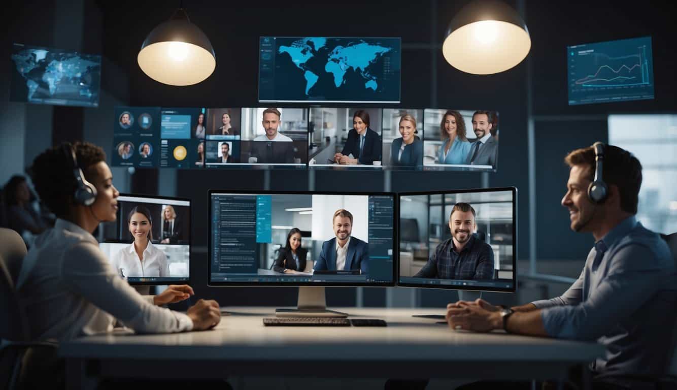 A virtual team collaborating on a CRM platform, sharing screens and data, communicating through video calls and chat