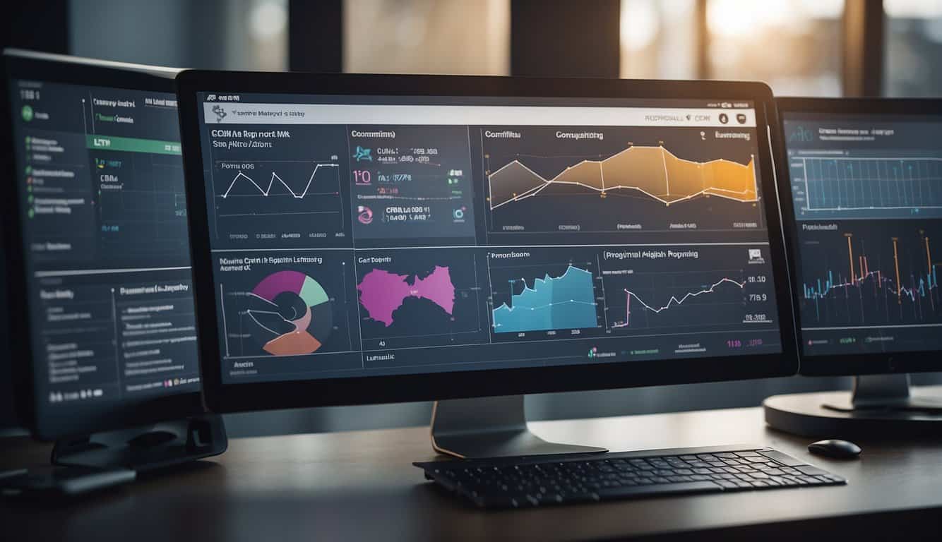 A computer screen displaying advanced CRM reporting tools with data visualizations and graphs for business growth analysis