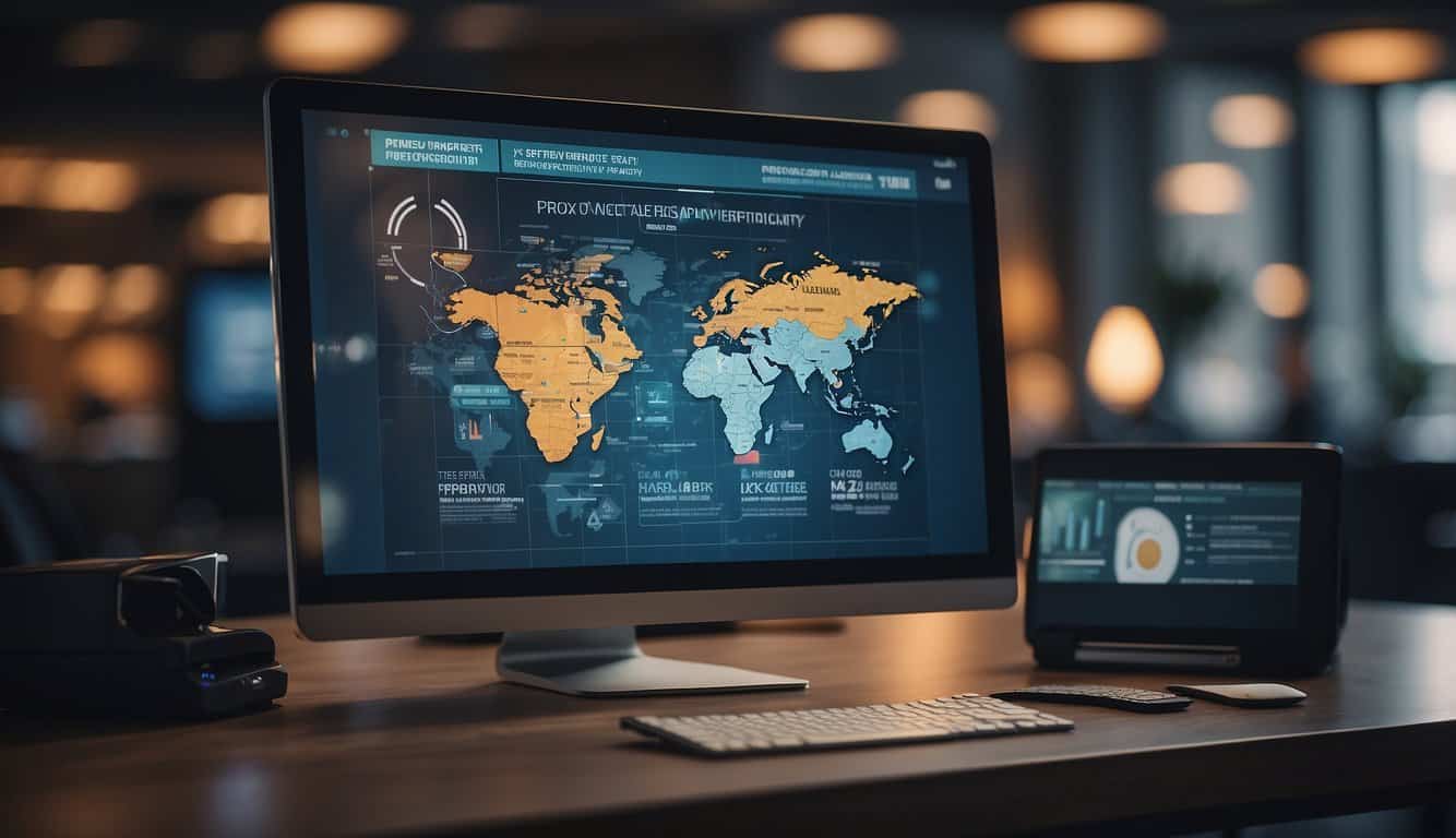 A computer screen shows PPC ad campaigns with fraud detection tools identifying suspicious activity, maximizing ROI