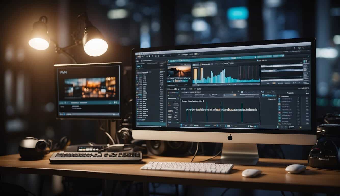 A computer with video editing software open, surrounded by cameras, lights, and microphones. An animated logo of a video marketing tool displayed on the screen