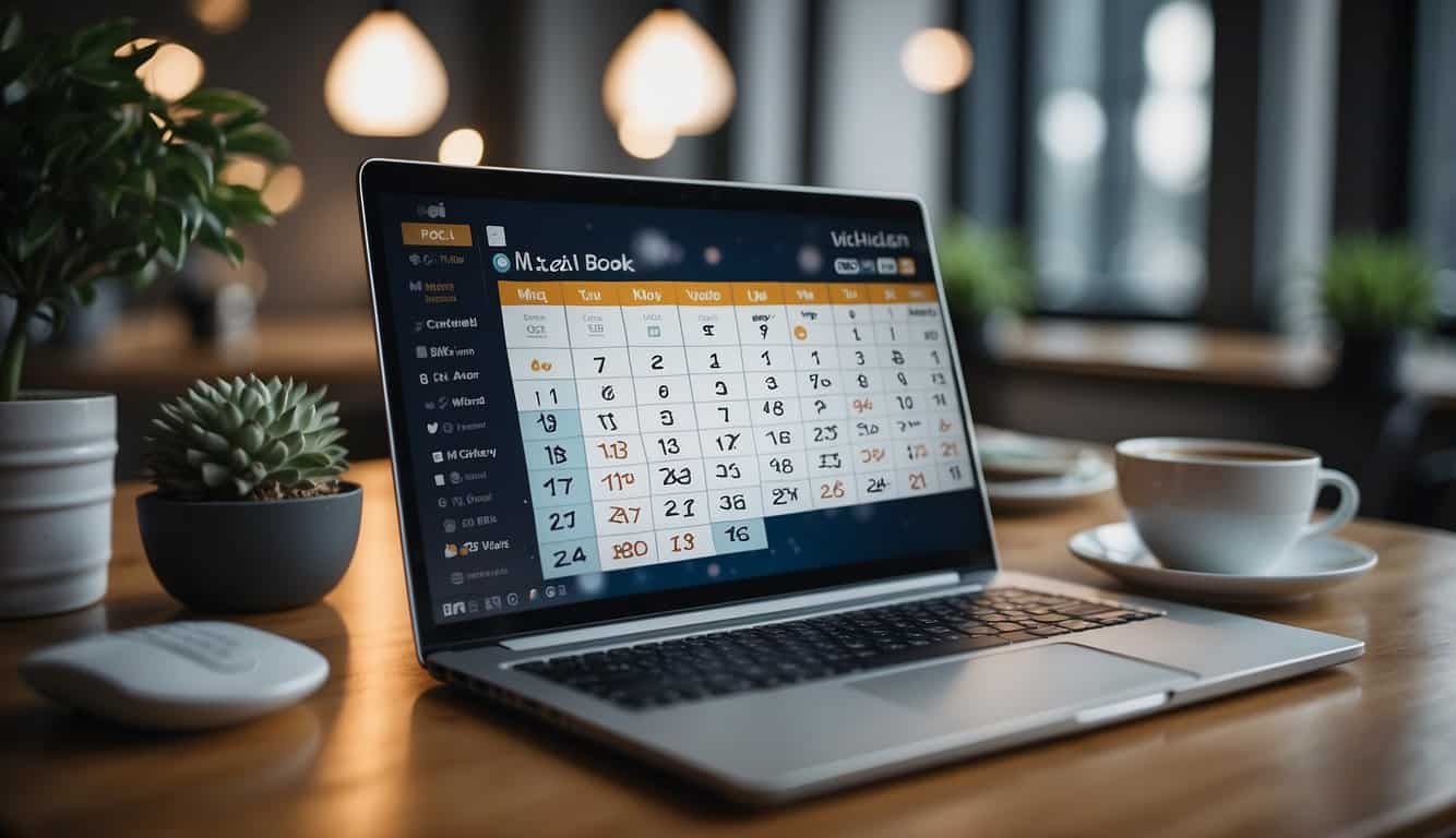 A laptop displaying a scheduling calendar with various social media platforms open, surrounded by branded content and a clock indicating different time zones