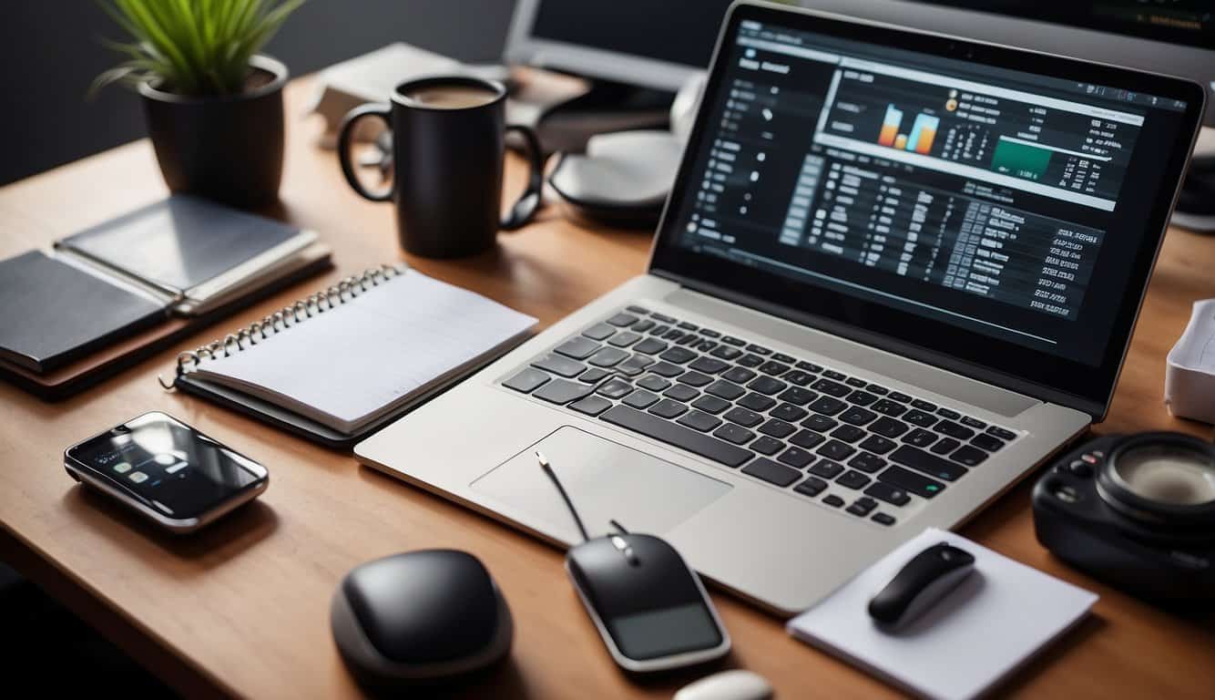 Various content optimization tools arranged on a desk with a computer and notepad