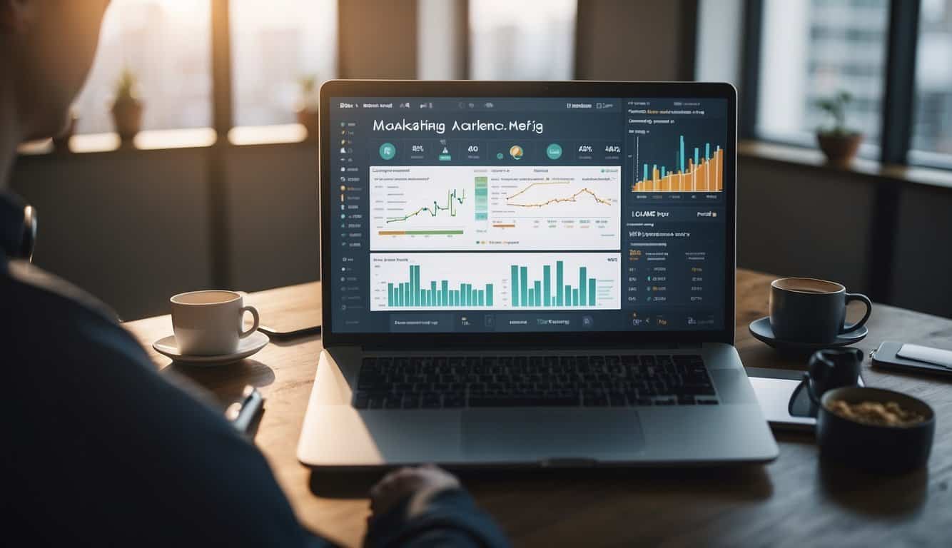 An affiliate marketing software interface displaying data and performance metrics, with various charts and graphs illustrating campaign success