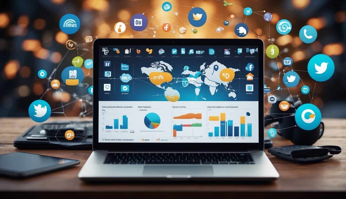 A laptop with various social media icons and a globe, surrounded by digital marketing tools and analytics charts