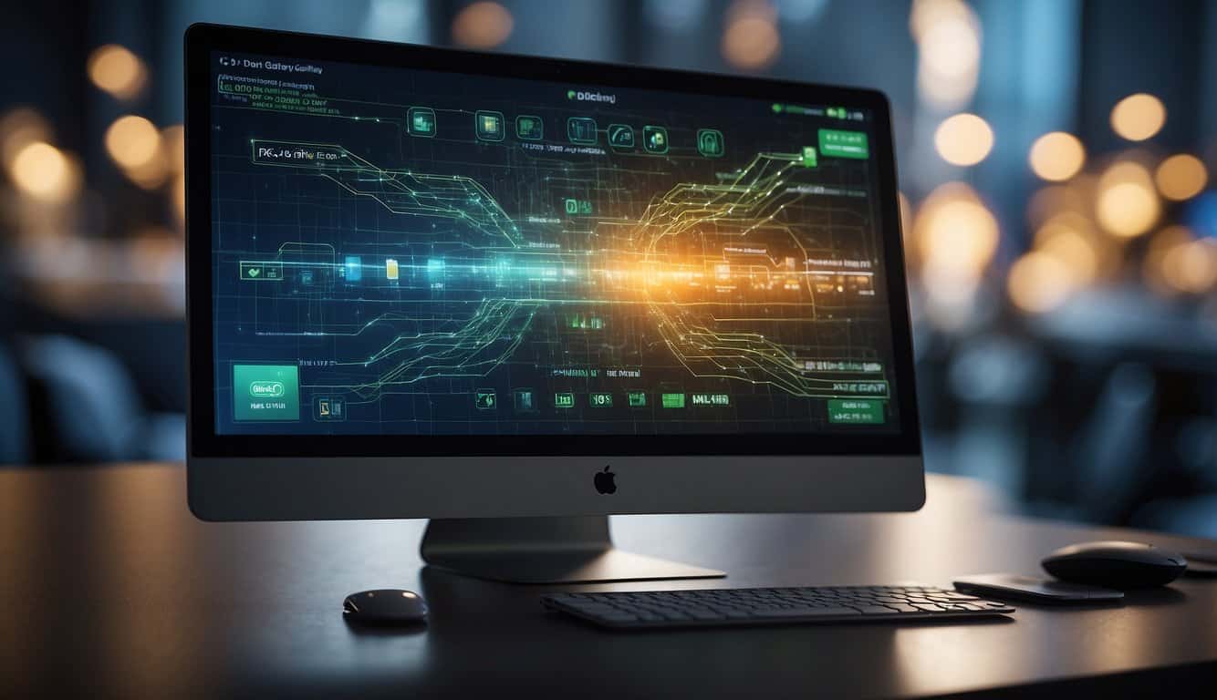 A computer screen displaying a secure payment gateway with various payment options. A network of interconnected lines symbolizing the flow of transactions