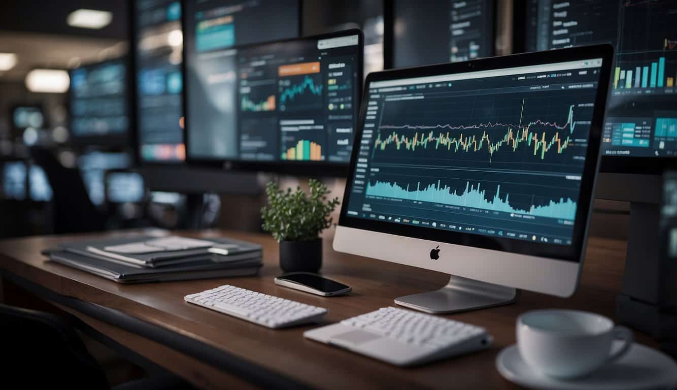 A computer screen displays graphs and charts, surrounded by e-commerce marketing tools. Data insights and analytics are highlighted