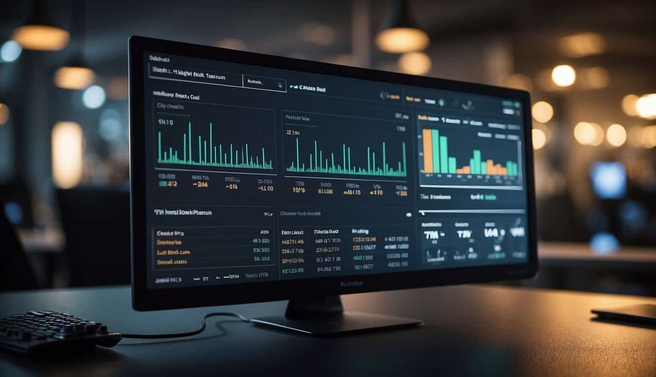 A computer screen displays a dashboard with graphs and charts, showing the implementation and optimization of conversion tracking software