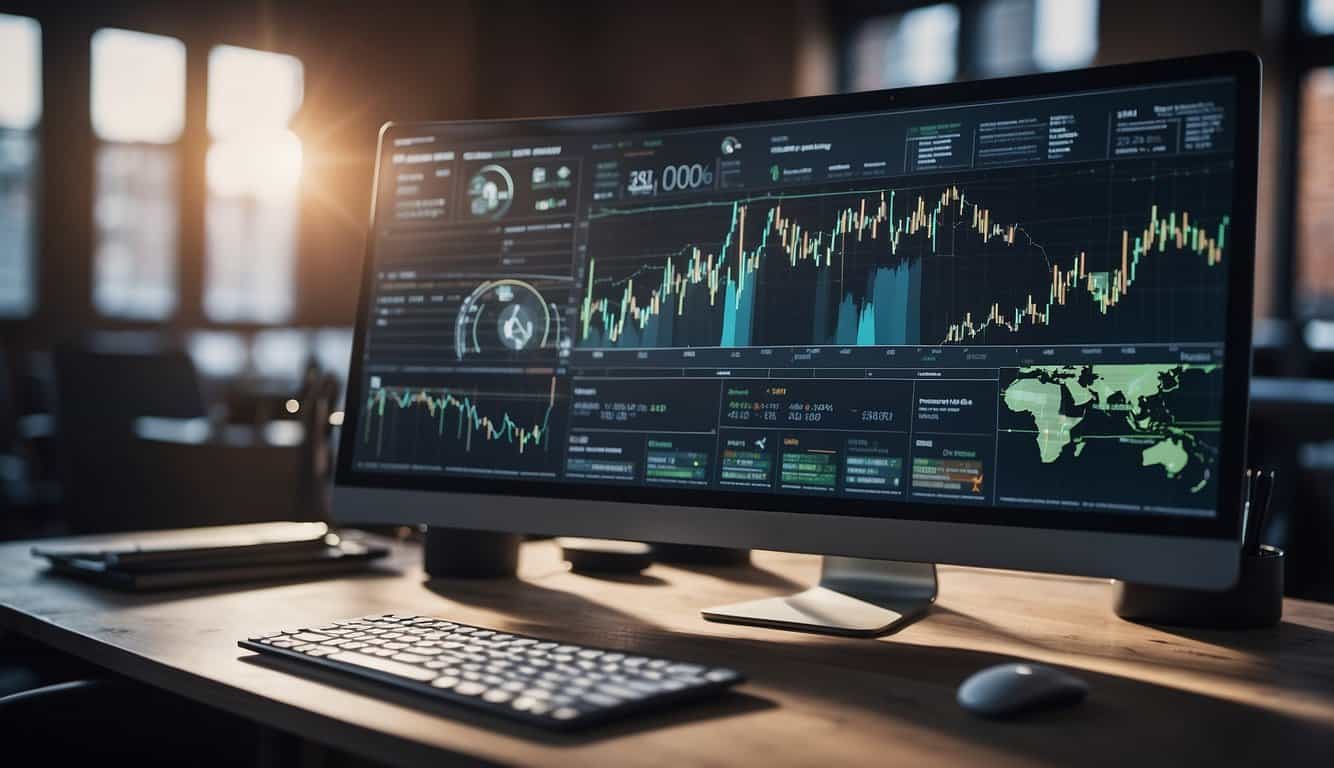 A computer screen displaying various charts and graphs, with keywords and website rankings, alongside a detailed SEO reporting tool review