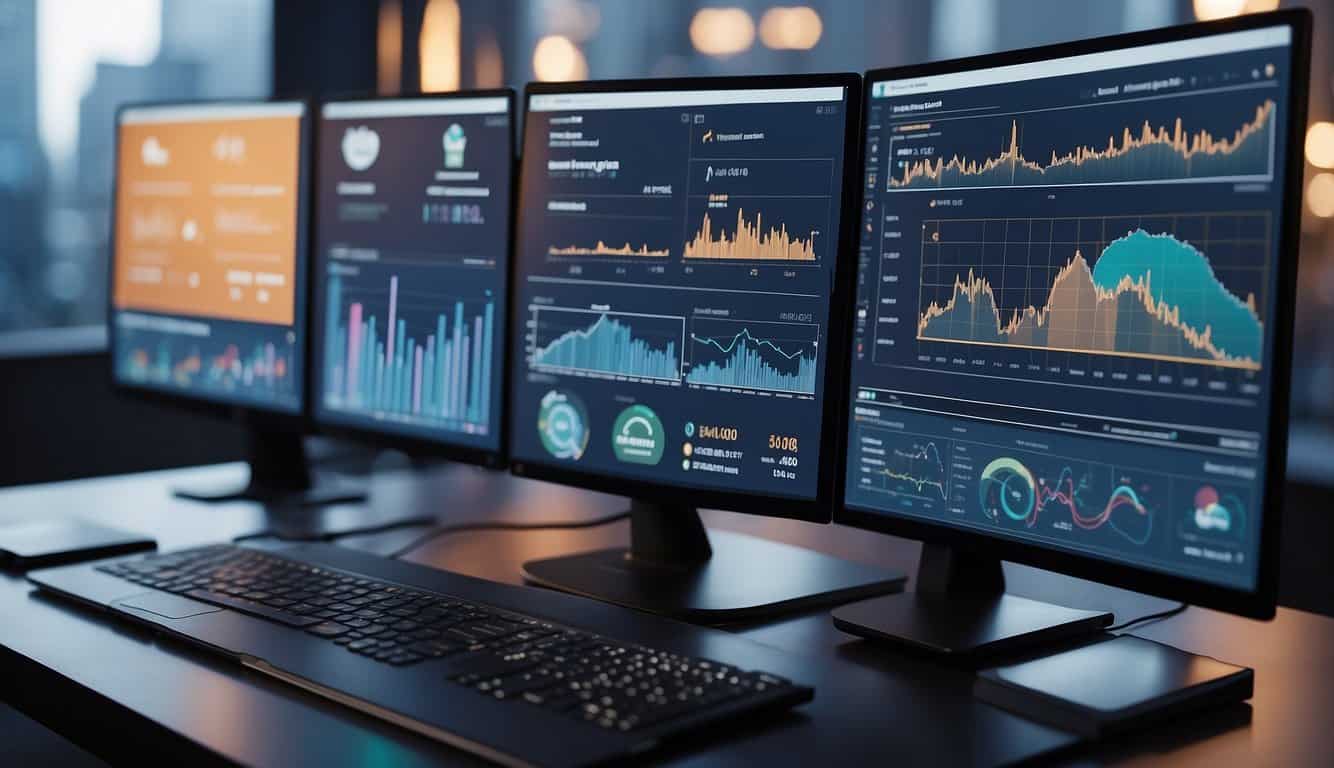 Various social media analytics tools displayed on futuristic holographic screens, with data visualizations and graphs showing performance metrics