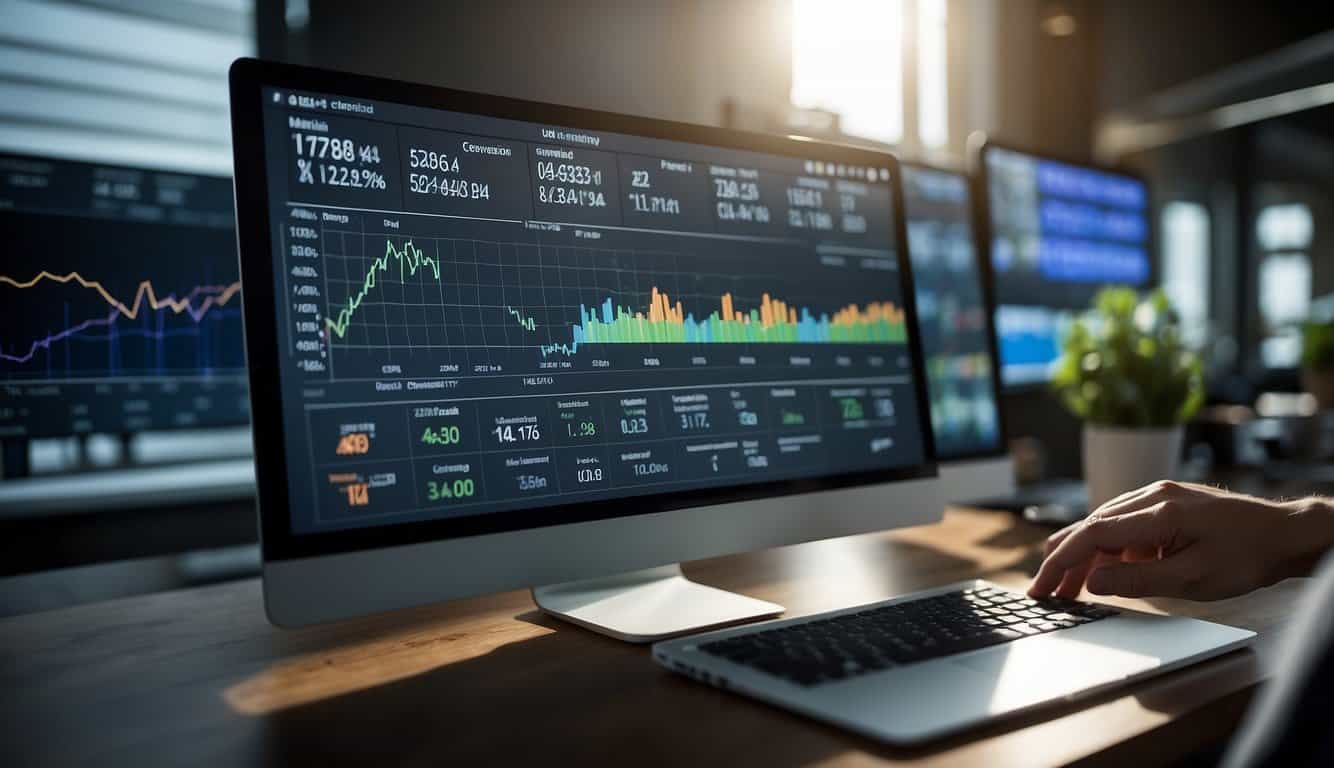 A computer screen displays a dashboard with various analytics graphs and charts. A hand reaches for a mouse to click on a conversion rate optimization tool icon