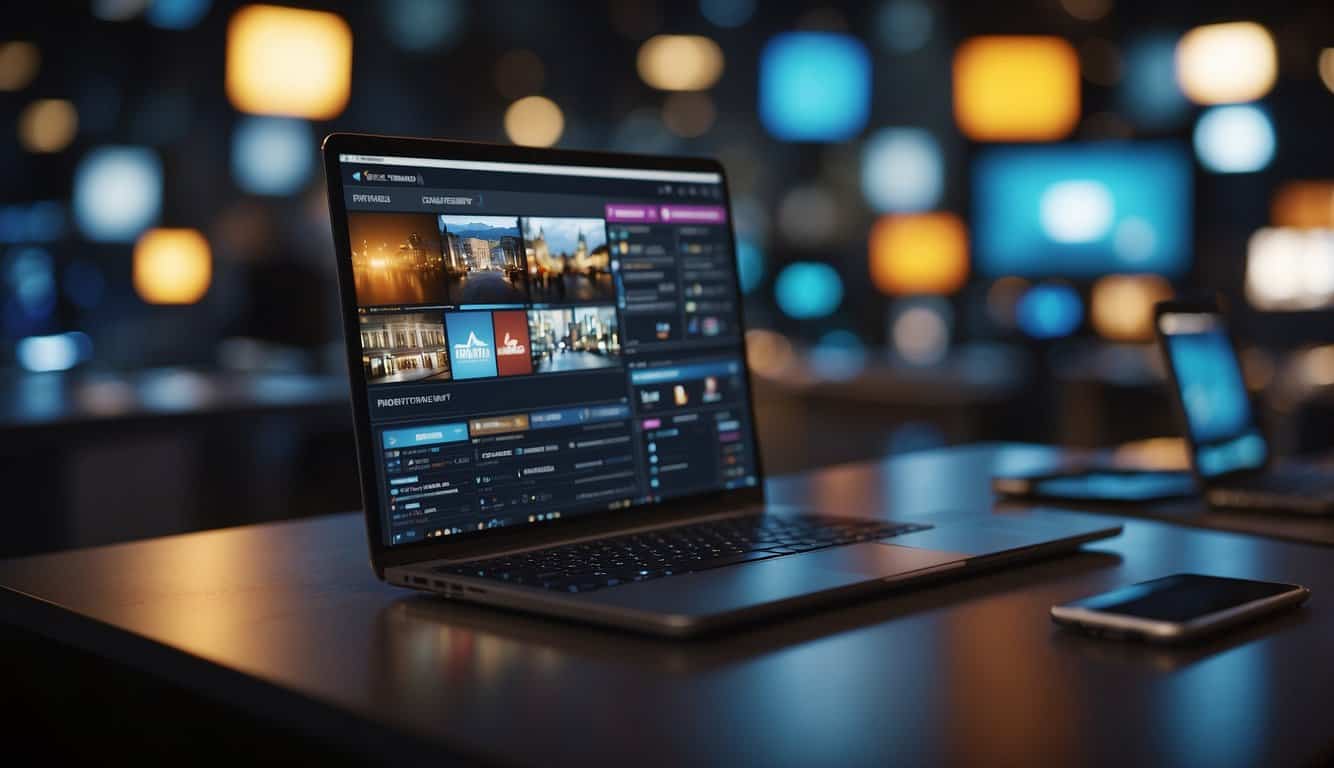 A bustling marketplace of diverse digital platforms, each vying for attention. Bright logos and sleek interfaces compete for the spotlight