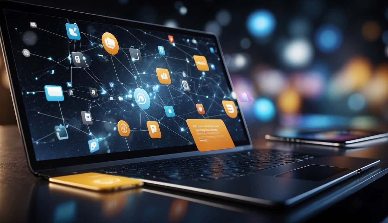 Various digital platforms (social media, blogs, videos) seamlessly intertwine, symbolized by interconnected nodes. The content flows through each channel, creating a cohesive and integrated marketing strategy