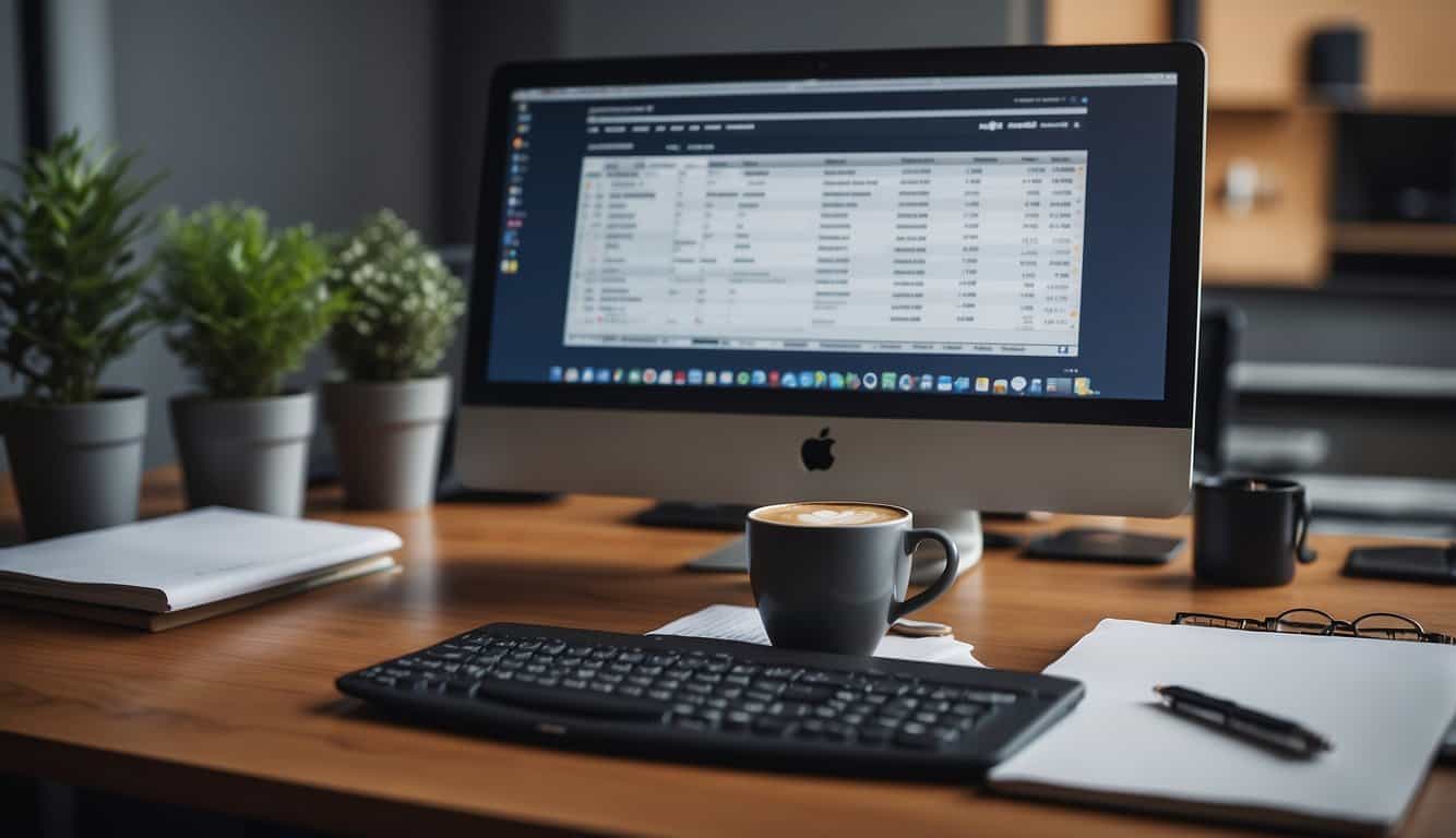 An office desk with a computer, notepad, and coffee mug. On the computer screen, various e-commerce SEO analytics tools are displayed