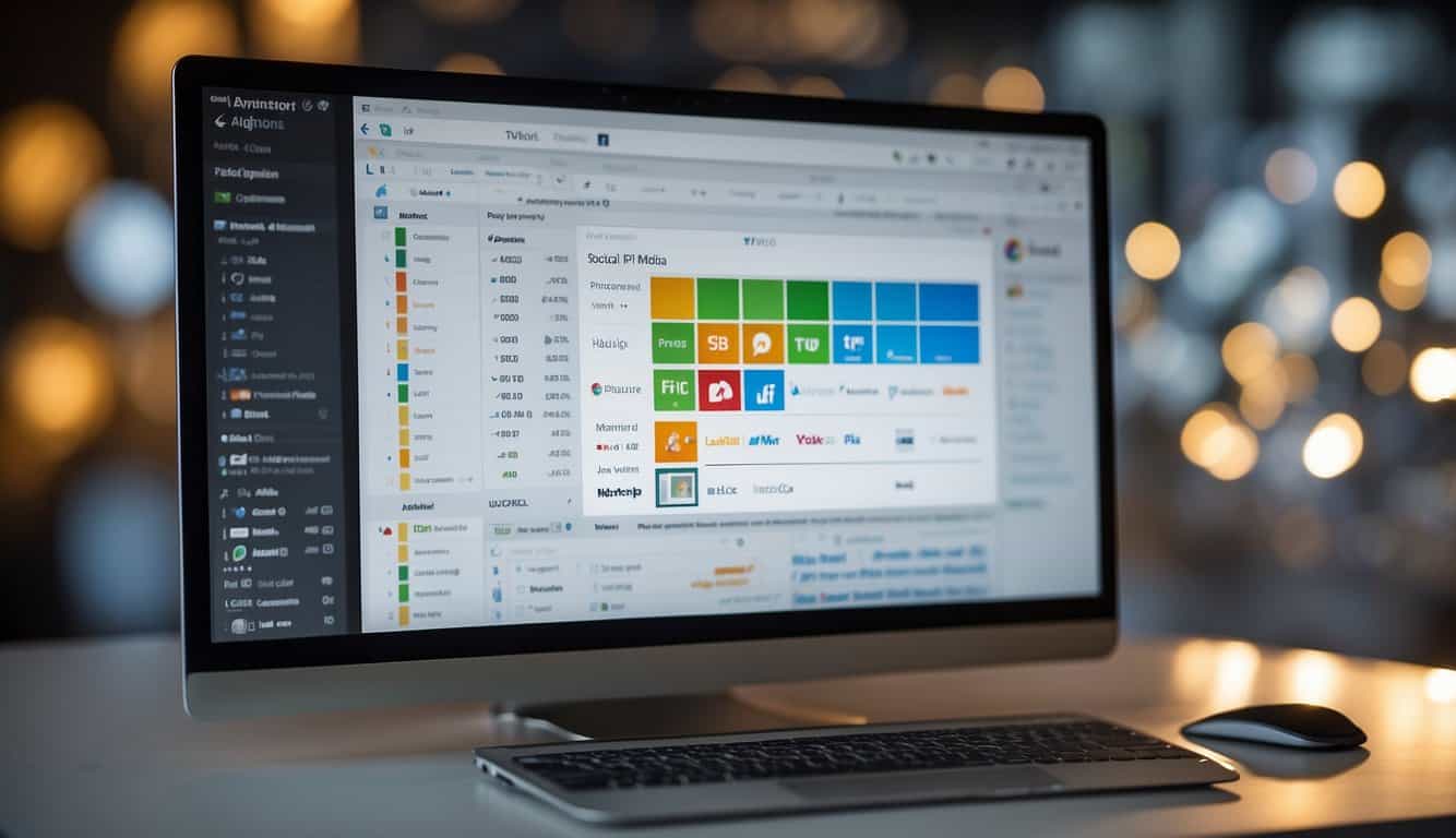 A computer screen showing a social media scheduling tool with various platforms and content types. Graphs and charts display reach and engagement metrics