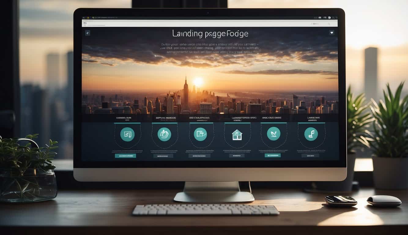 A computer screen displaying a landing page builder software with various customizable elements and tools, surrounded by a clean and modern workspace