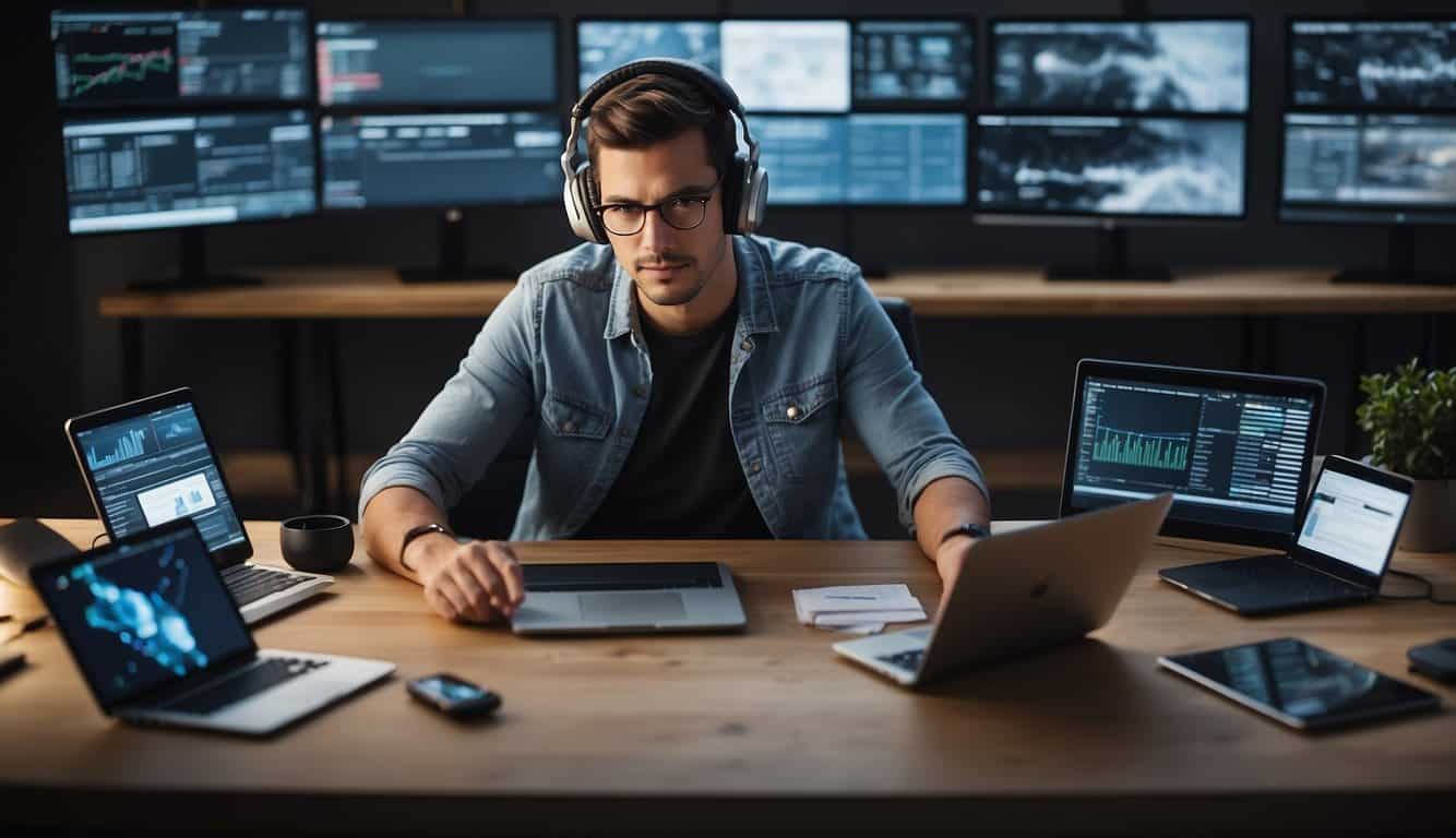 A person sitting at a desk, surrounded by various digital devices and screens, with headphones on, analyzing data and engaging with social listening tools