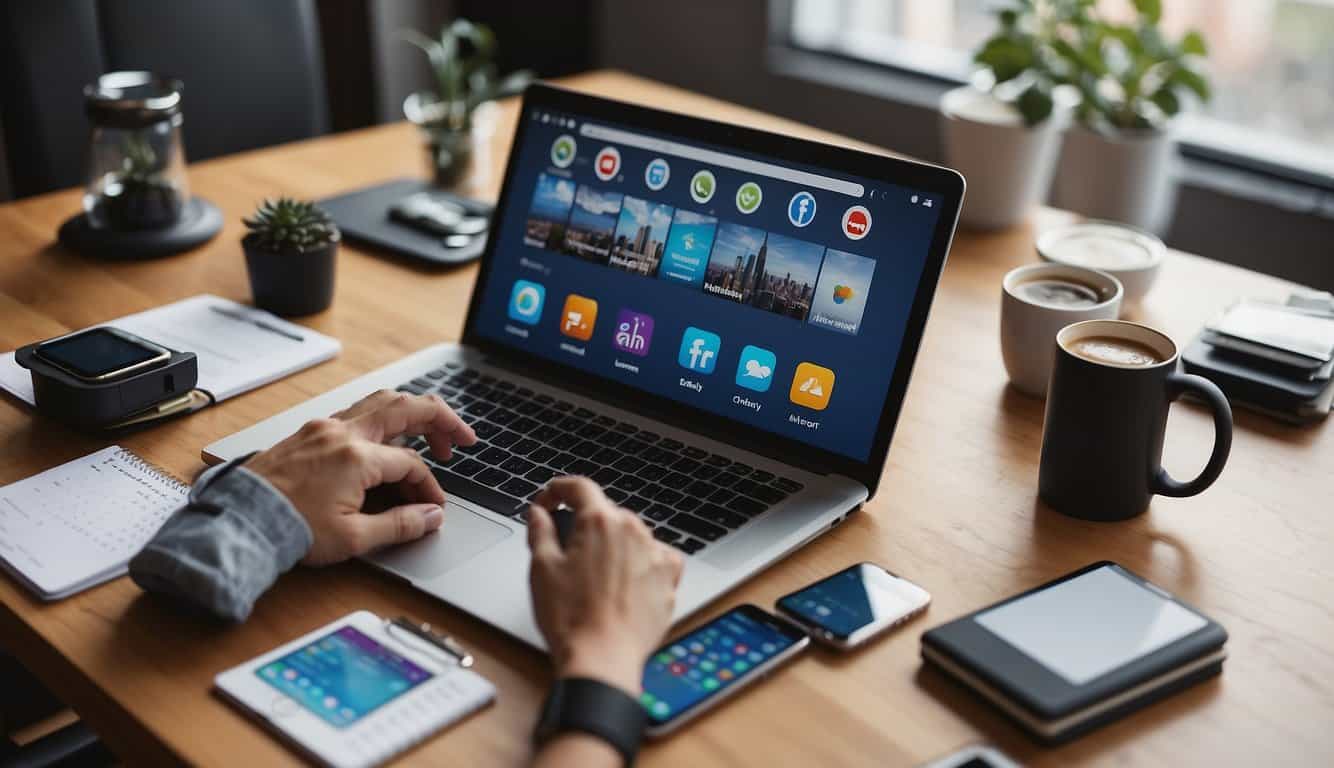 A hand reaches for a variety of social media scheduling tools, including calendars, clocks, and digital devices, all laid out on a desk
