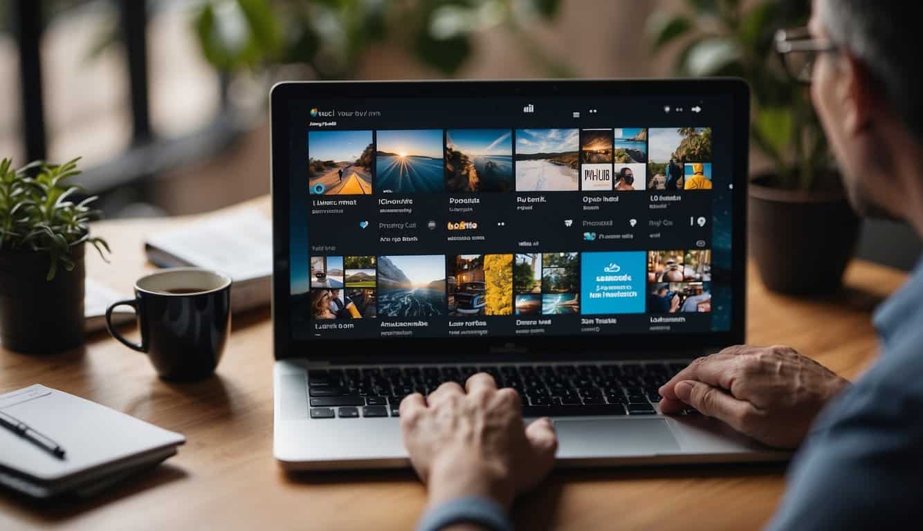 A person browsing through a variety of social media profiles and analytics on a computer screen, looking for the right influencers to collaborate with