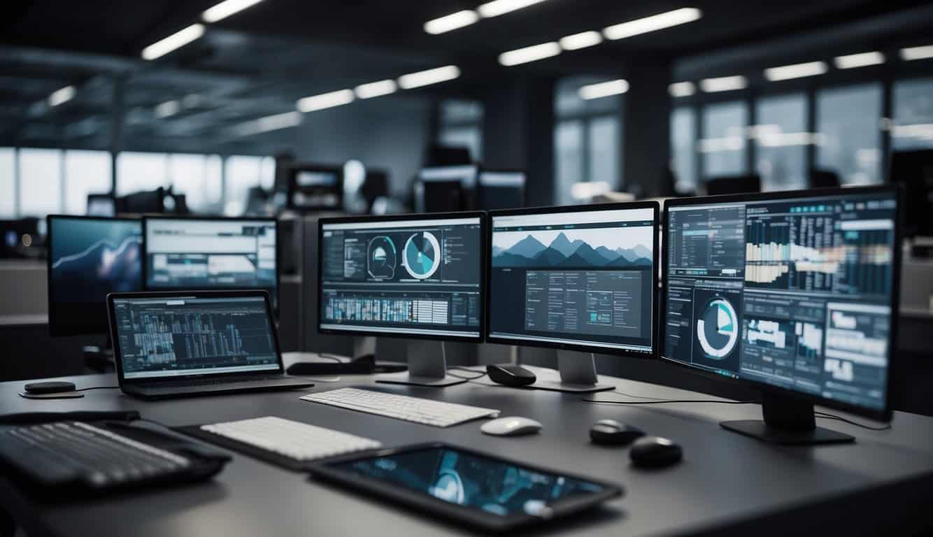 A modern office with computer screens displaying various digital assets. A team collaborates, accessing and organizing files using DAM tools