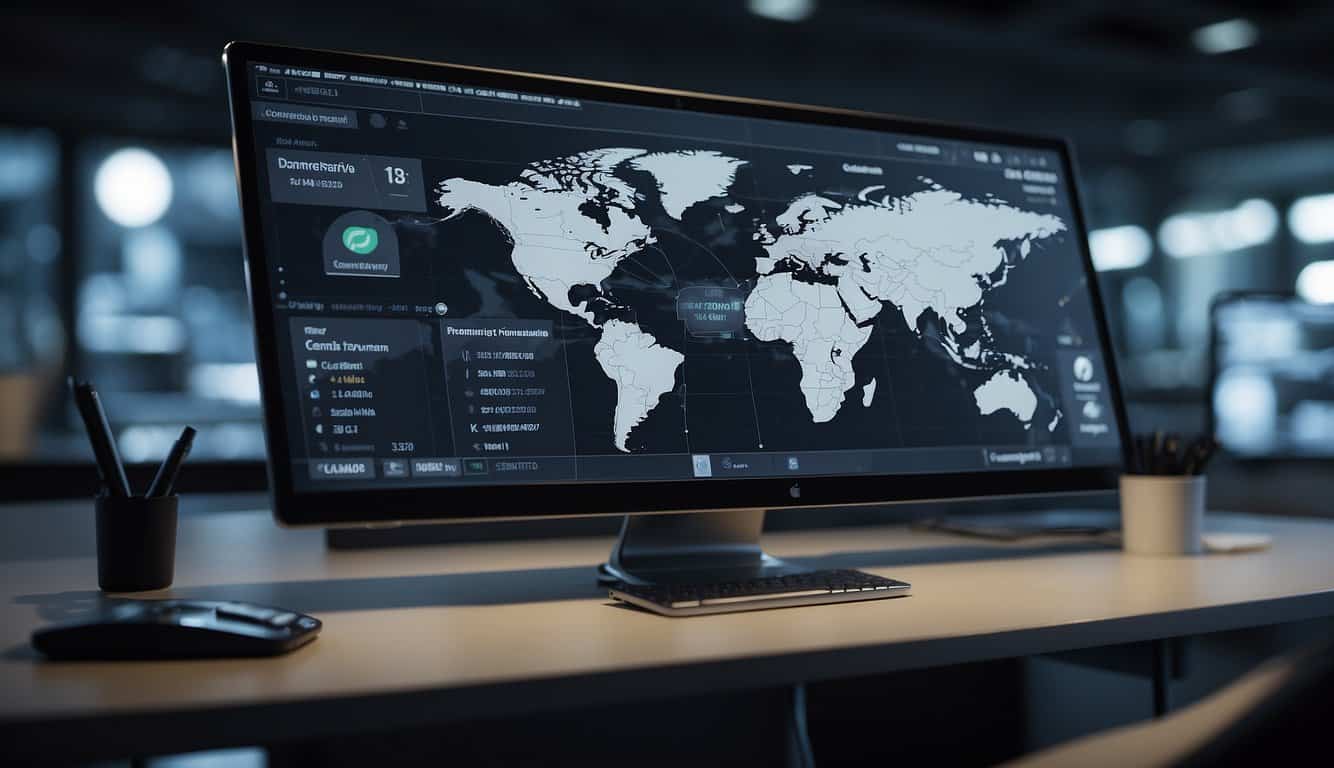 A virtual dashboard displays interconnected tasks, calendars, and communication tools for remote team collaboration