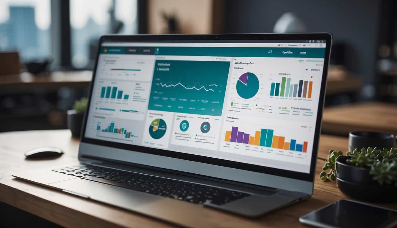 The computer screen shows a customizable dashboard with web analytics for small businesses, featuring various data visualization widgets and customization options