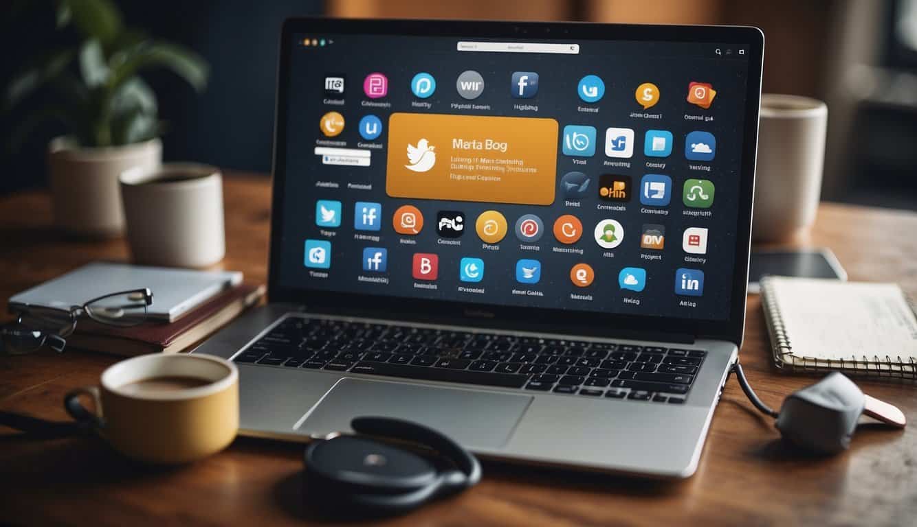 A laptop surrounded by various content marketing platforms, including social media icons, a blog, and email marketing tools