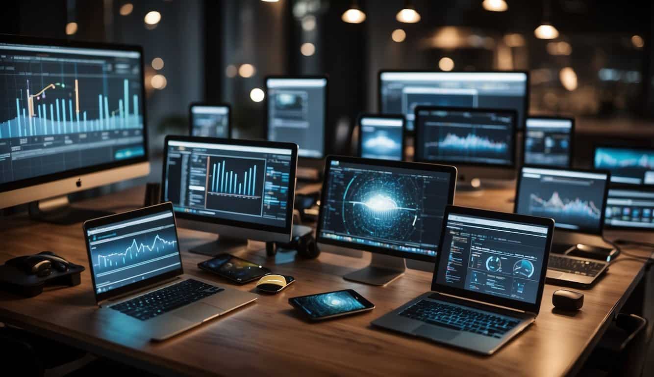 Various digital devices and tools arranged on a desk, including laptops, tablets, smartphones, and data analytics software. Multiple screens display conversion tracking data from different channels