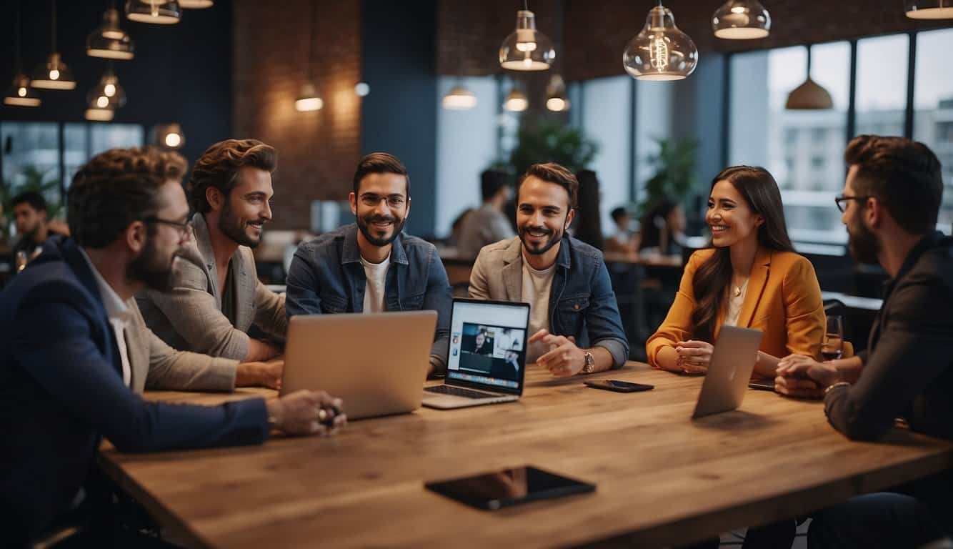 A group of influencers collaborate on various platforms, exchanging ideas and content. The scene is vibrant and dynamic, with a focus on digital interaction and creativity