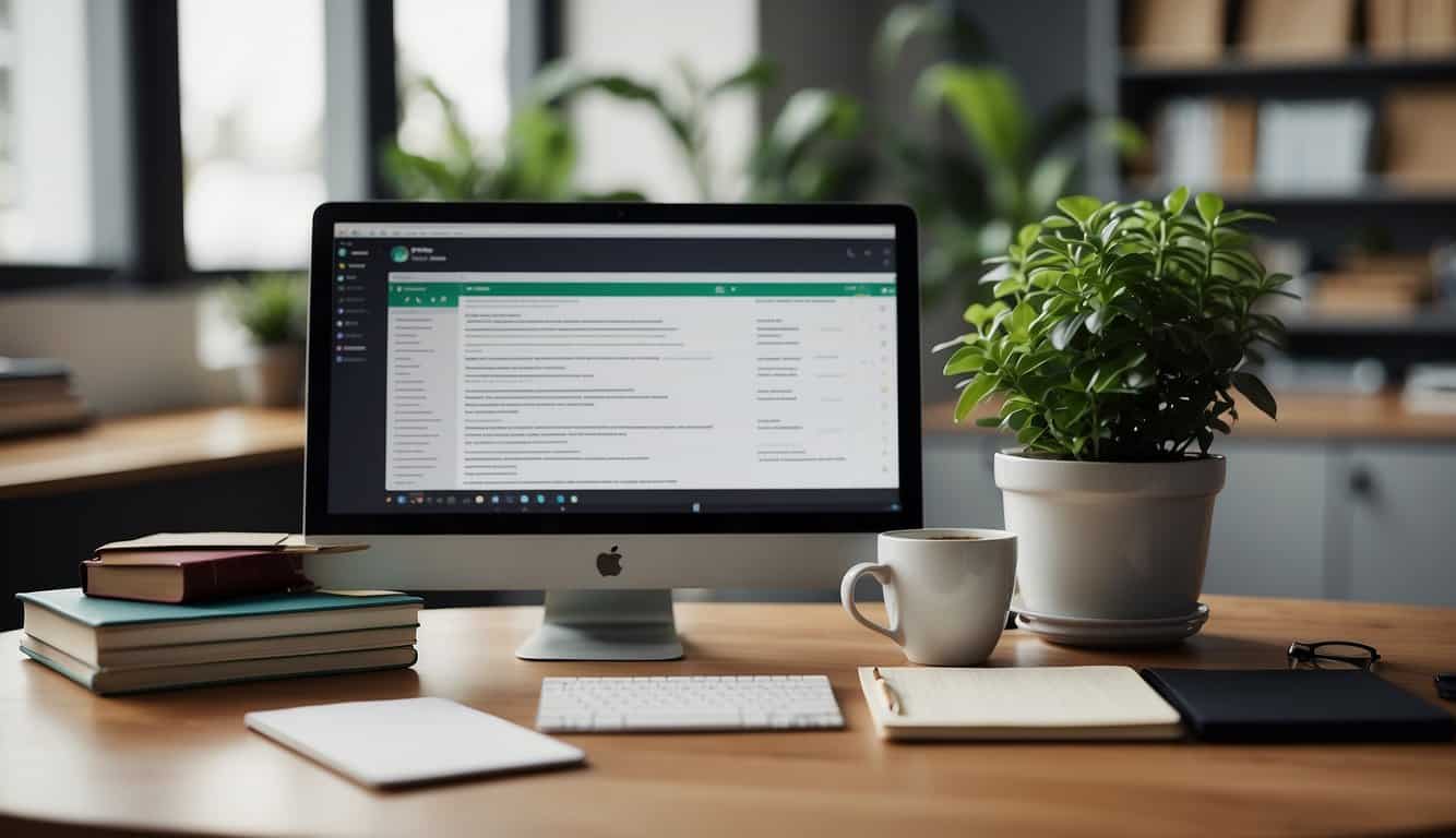 A desk with a computer displaying a content curation tool interface. A stack of books and a notepad with a pen next to the computer. A cup of coffee and a potted plant on the desk