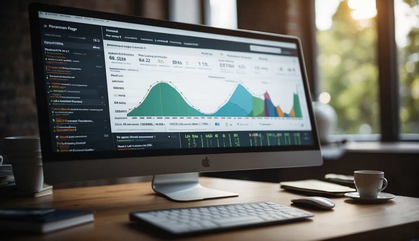 A computer screen displaying a landing page with performance metrics charts and graphs. Tabs with "Optimization Strategies" and "Performance Improvement" are visible