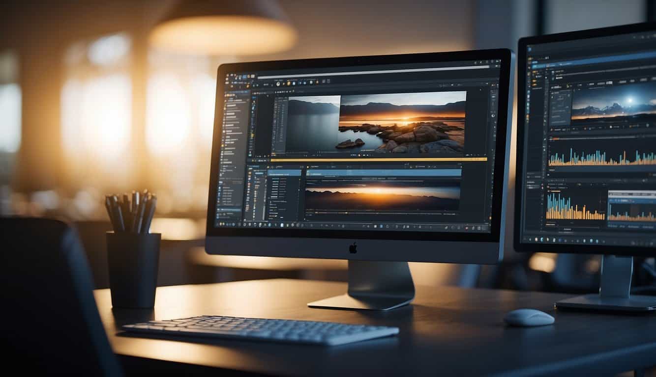 A computer screen displays a graphic design software interface with various plugin and integration options. The screen is surrounded by a clutter-free workspace with a stylus and tablet nearby