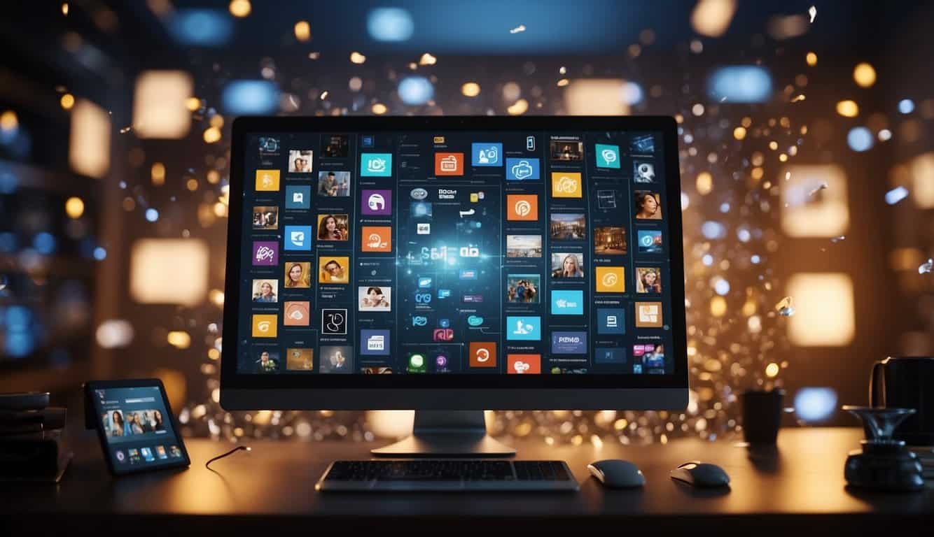 A computer screen displaying a video with interactive elements, surrounded by icons representing various marketing strategies