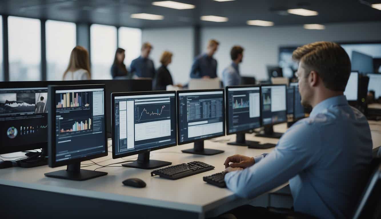 A bustling office with employees interacting with CRM software on their computers, while a manager reviews case study examples on a large screen