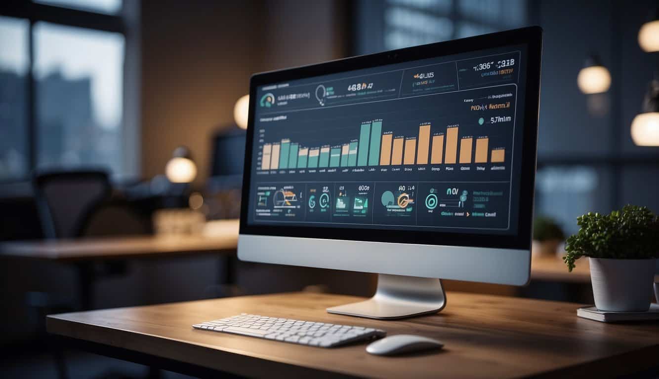 A computer screen displaying multi-channel PPC tools with data visualization and optimization features. Multiple tabs open with different campaign metrics and graphs