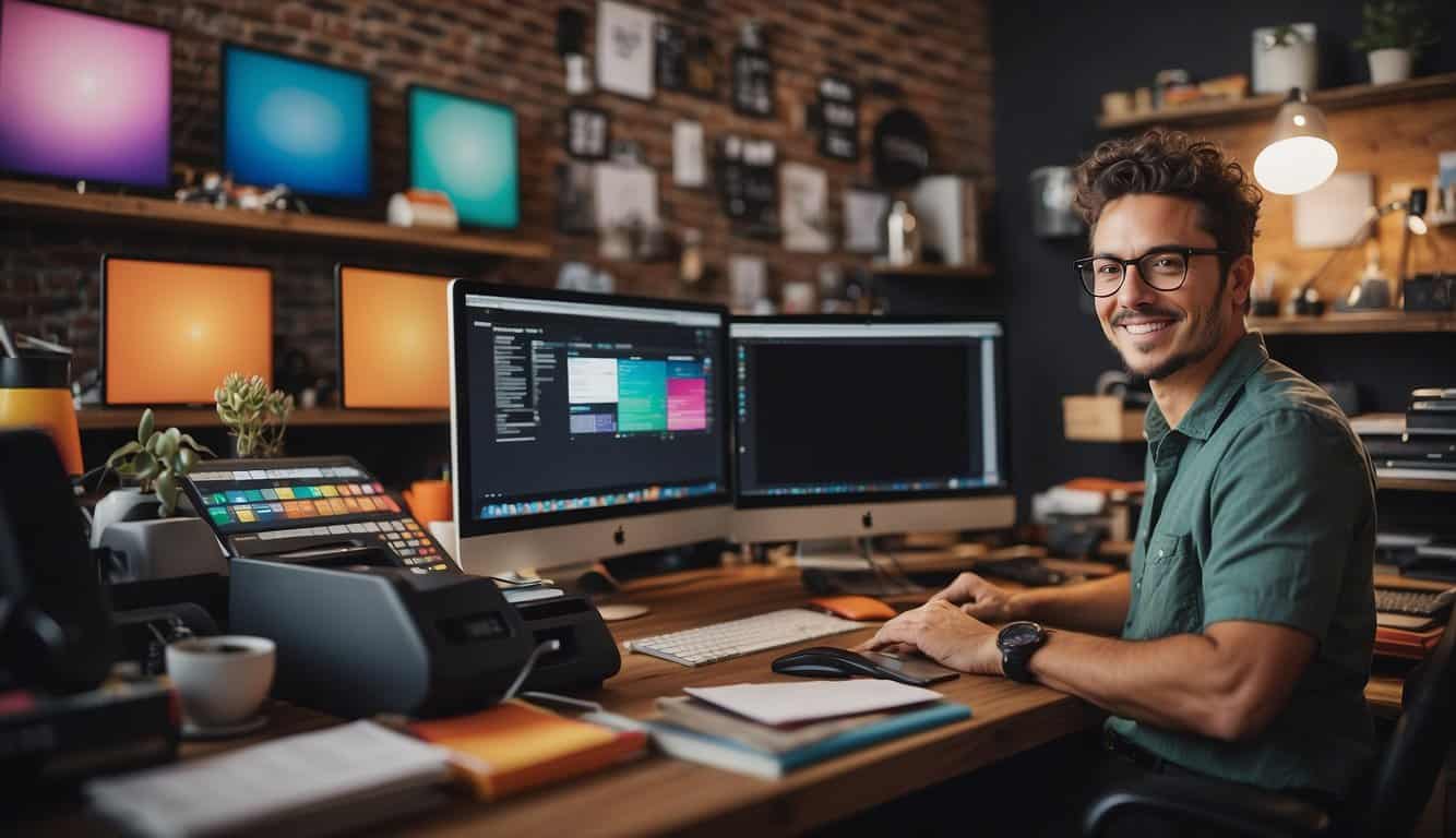 A small business owner sits at a desk surrounded by a computer, printer, and various graphic design tools. The room is filled with color swatches, mock-ups, and inspirational images