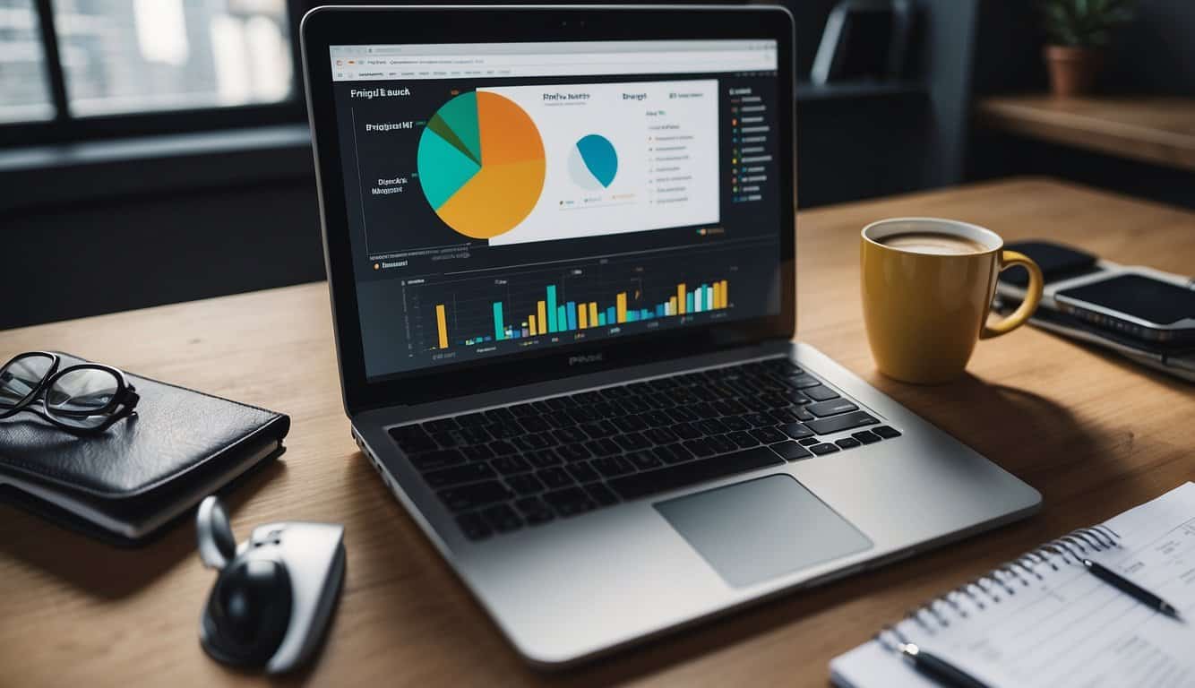 A desk with a computer displaying various PPC management tools, alongside a notebook, pen, and coffee mug. Graphs and charts on the screen show budget allocation and performance metrics