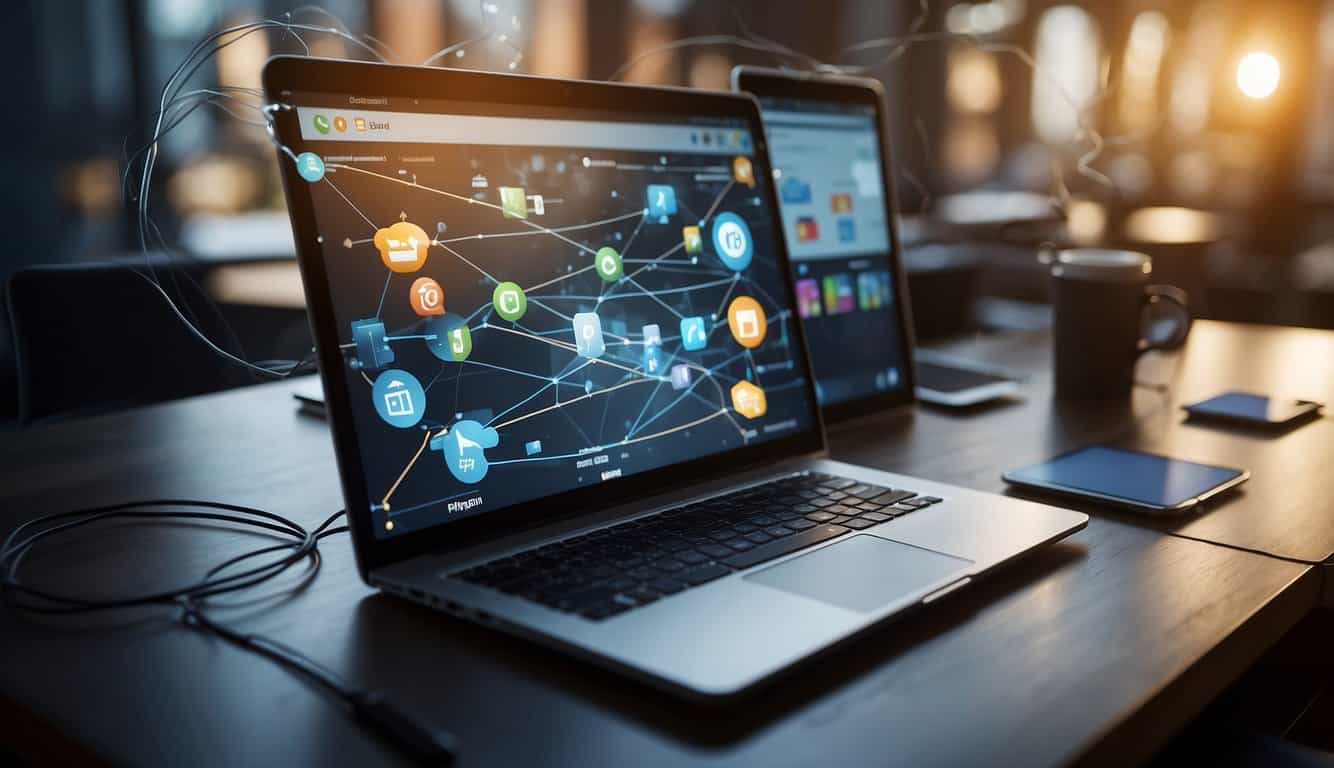 Various devices and software icons interconnected with lines, representing cross-platform scheduling solutions