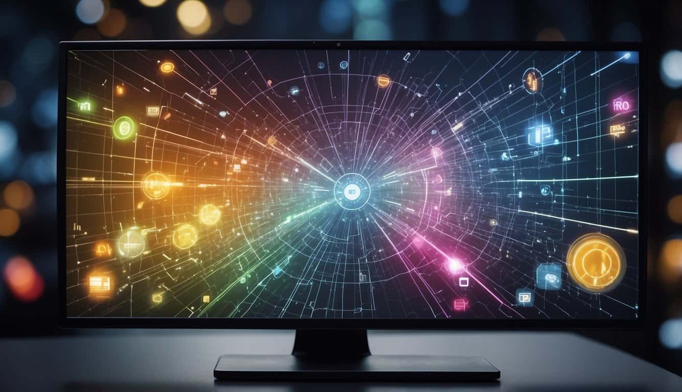 A computer screen displays retargeting ads while data points connect in the background
